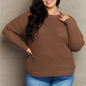NWT Zenana Breezy Days Plus Size High Low Waffle Knit Sweater in Brown